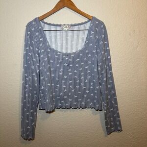 Pink Republic Women XL Long Sleeve Top Ribbed Lace Trim Blue Bow Pattern Cropped